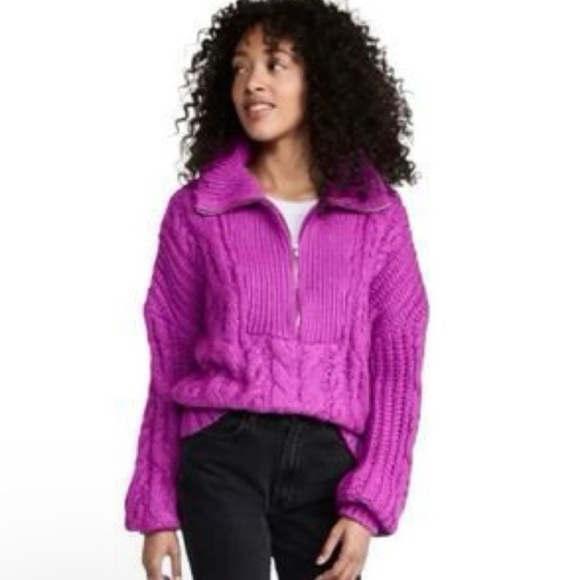 For Love And Lemons Andi Zip Neck Cable Knit Quarter Zip Sweater, Fuchsia, XL - Picture 5 of 7